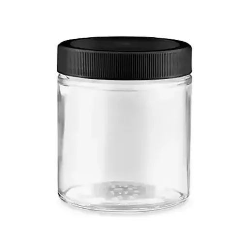 4 oz átlátszó üveg tárolóedény fekete csavaros fedéllel